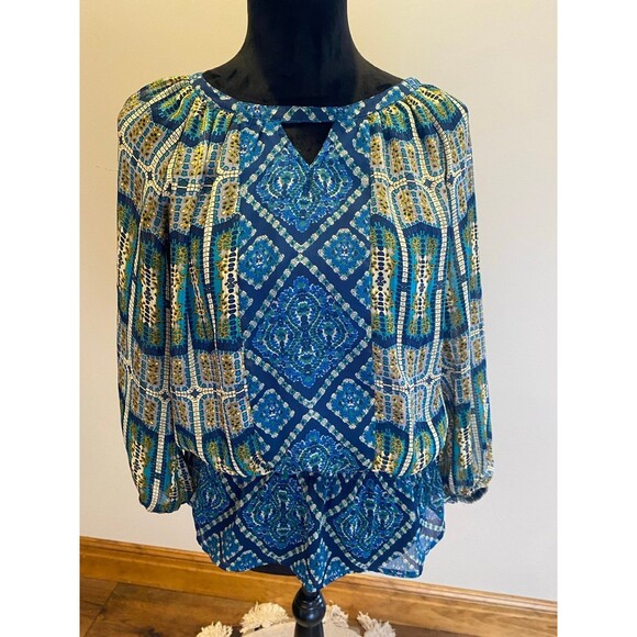 FIGUEROA & Flower Blouse Sz Large Boho Peasant Elastic Waist Blue Green Top - Picture 1 of 12